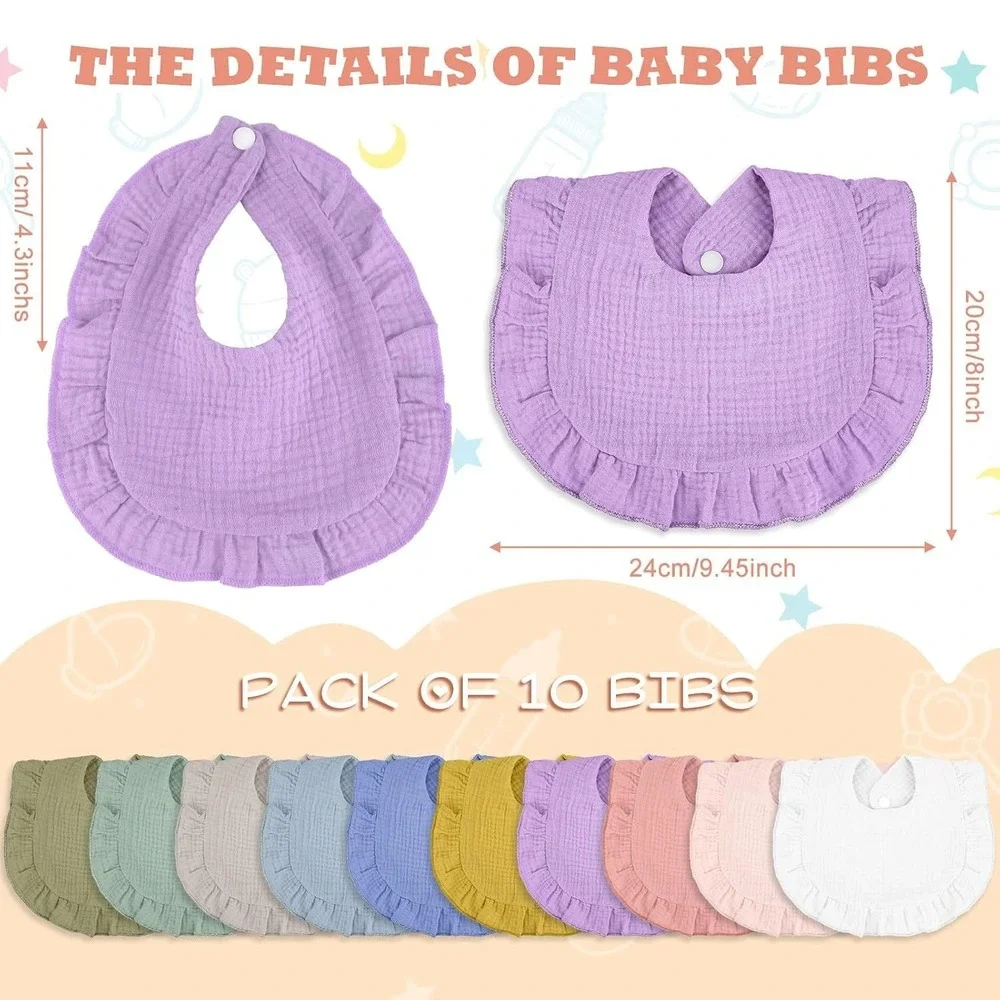 Seematn 10-Pack Baby Muslin Ruffle Bandana Bibs - Newborn to 36MO - Light Colors